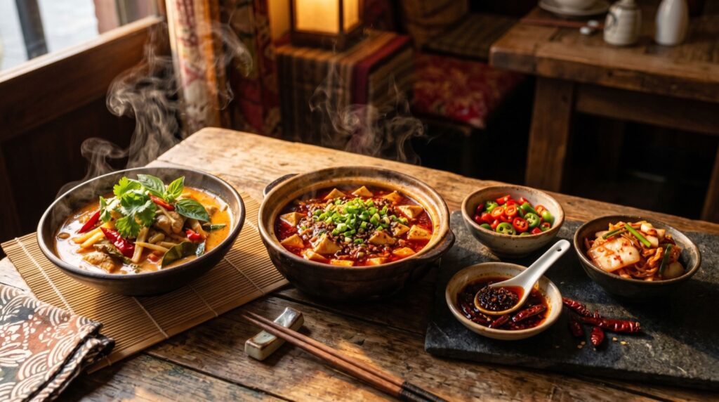 Array of spicy Asian dishes with chilies and chili oil