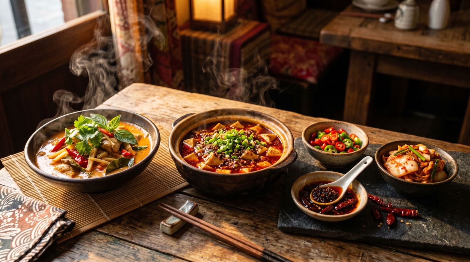 Array of spicy Asian dishes with chilies and chili oil